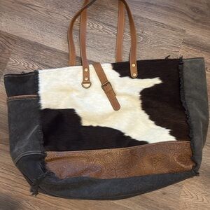 Myra Bag Cowhide Tote with Leather and Gray Accents